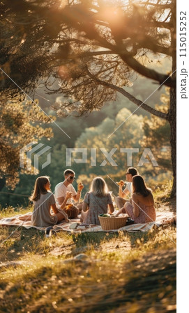 Group of friends having a picnic under the shade of trees on a sunny day. Enjoying food, drinks, and good company in a natural setting. 115015252
