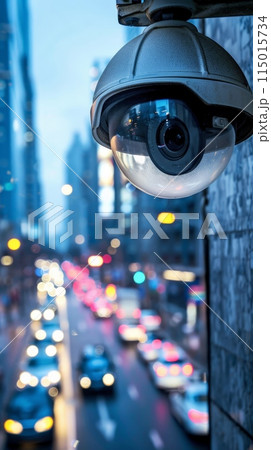 Close-up of a dome surveillance camera with city traffic in the background. Security monitoring in an urban setting. Close-up of a dome surveillance camera with city traffic in the background. Security monitoring in an urban setting. 115015734