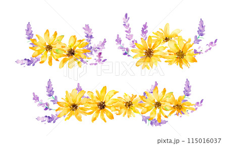 水彩画。水彩タッチのラベンダーイラスト。ラベンダーのベクターイラスト。夏のラベンダー背景。 115016037