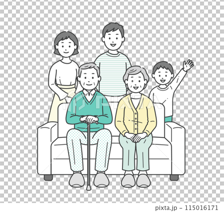 A full-body illustration of an elderly couple sitting on a sofa and their families 115016171