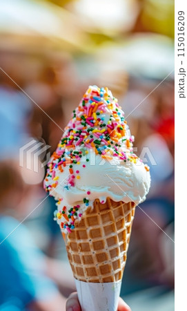 Close-up of a hand holding a vanilla ice cream cone with colorful sprinkles against a blurred outdoor background. Ideal for summer treats. 115016209