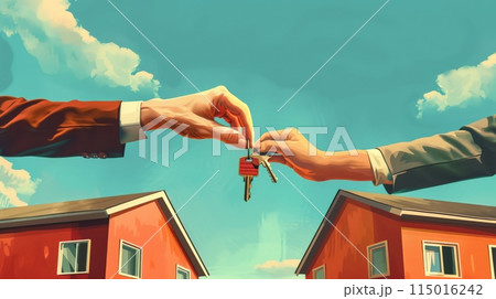 Artistic illustration of hands exchanging house keys against a bright blue sky. Concept of real estate transactions, property market, and home buying. 115016242