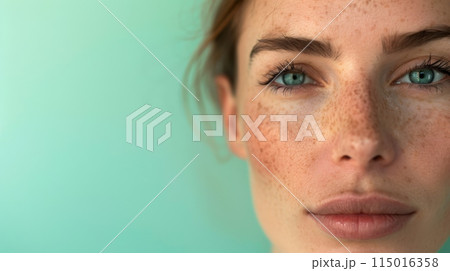 Close-up of woman's eye with freckles on teal background. Ideal for skin care and cosmetology treatments. 115016358