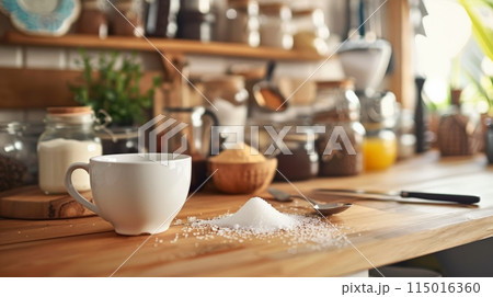 White cup and spilled sugar substitute on a wooden kitchen counter. Low-calorie sweeteners for a healthy and diabetic-friendly diet. 115016360