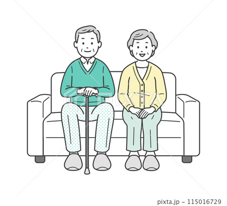 老夫婦が並んでソファに座っている全身イラスト 老夫婦が並んでソファに座っている全身イラスト 115016729