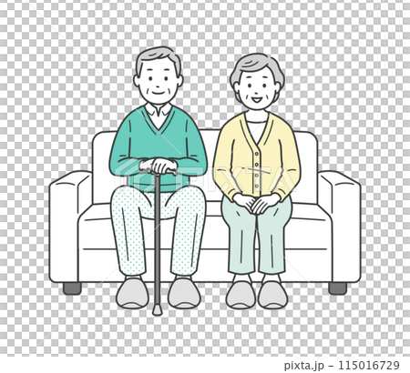 老夫婦が並んでソファに座っている全身イラスト 老夫婦が並んでソファに座っている全身イラスト 115016729