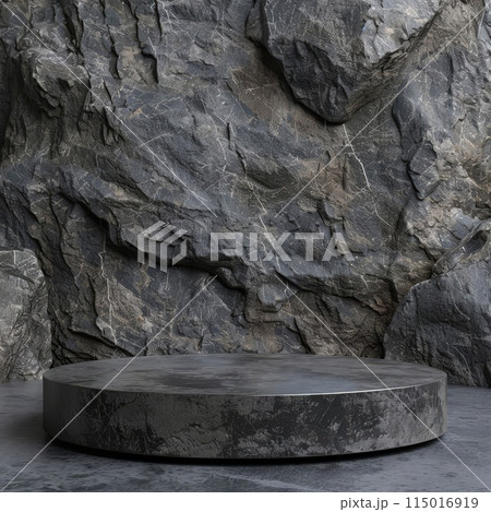A minimalist stone pedestal stands against a rugged rock backdrop 115016919