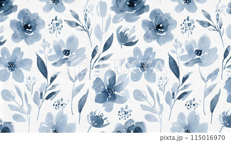 淡いブルーグレーの花柄の水彩画イラスト背景 115016970