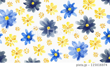 青と紺と黄色の花柄の水彩画イラスト背景のイラスト素材 [115016974