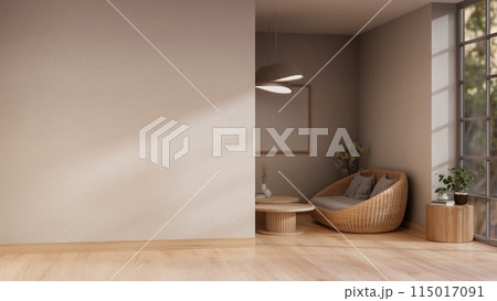 The interior design of a contemporary minimalist home corridor with a living space. The interior design of a contemporary minimalist home corridor with a living space. 115017091