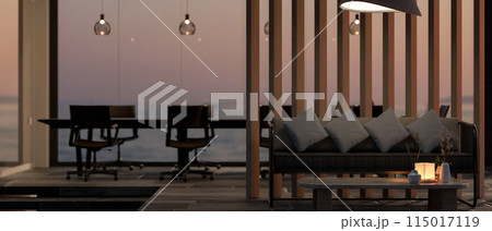 A modern office lounge features a wood partition wall separating the meeting room and lounge. 115017119