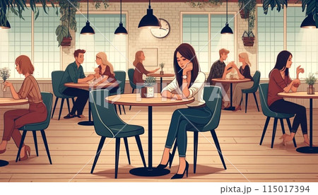 オシャレなカフェで待ちぼうけする女性 オシャレなカフェで待ちぼうけする女性 115017394