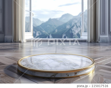 Elegant pedestal enjoys a scenic mountain view through grand windows 115017516