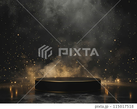 Golden sparks and mist envelop an empty stage in mystery 115017518