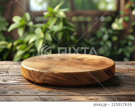 Wooden cutting board rests on rustic table under soft light 115017619