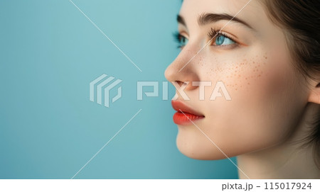 Side profile of a woman with clear skin and freckles on a blue background. Perfect for skin care and beauty themes. 115017924