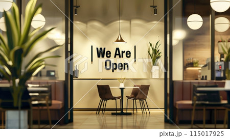 Elegant cafe with 'We Are Open' sign, stylish furniture and ambient lighting. Elegant cafe with 'We Are Open' sign, stylish furniture and ambient lighting. 115017925