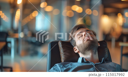 Young professional sleeping in an office chair with blurred background lights. Toll of overwork and exhaustion in the workplace. 115017992