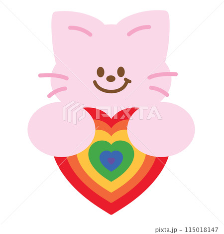 Illustration of cat with rainbow heart for pride month, animal print, pet, vet, pet shop, adopt, rescue, logo, icon, paw friend, cartoon, character, comic, mascot, plush toy, doll, cute patches, kids 115018147