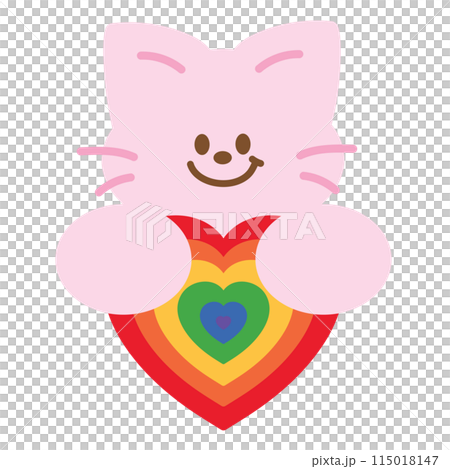 Illustration of cat with rainbow heart for pride month, animal print, pet, vet, pet shop, adopt, rescue, logo, icon, paw friend, cartoon, character, comic, mascot, plush toy, doll, cute patches, kids 115018147