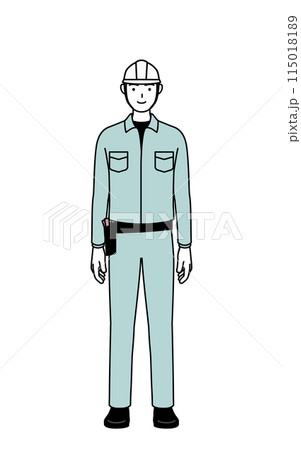 正面を向いた笑顔のヘルメットと作業着姿の男性 115018189