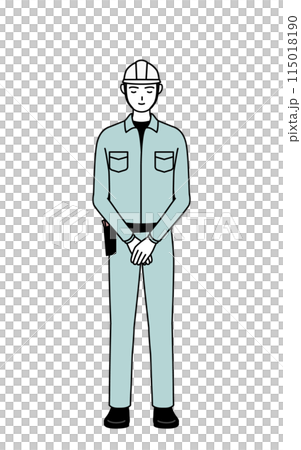 A man in a helmet and work clothes bowing with folded hands 115018190