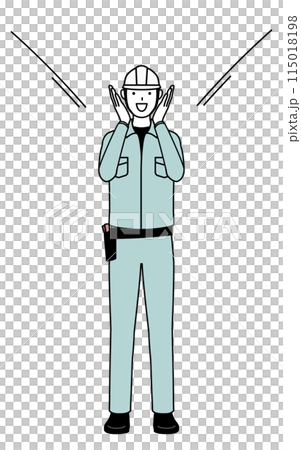A man wearing a helmet and work clothes calls out to customers with his hand over his mouth 115018198