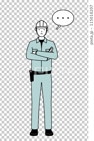 腕を組んで考えるヘルメットと作業着姿の男性 115018207