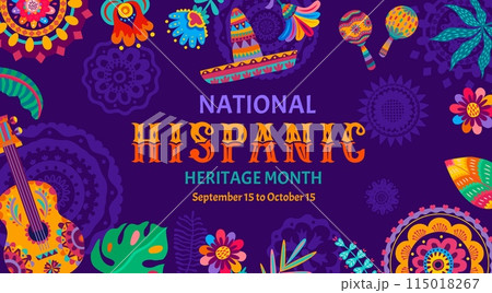 National hispanic heritage month flyer with sombrero, guitar and tropical flowers, maracas and leaves vector frame. Mexican and spanish culture holiday flyer with ethnic floral pattern background National hispanic heritage month flyer with sombrero, guitar and tropical flowers, maracas and leaves vector frame. Mexican and spanish culture holiday flyer with ethnic floral pattern background 115018267