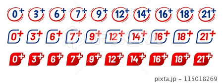 Under age signs isolated vector restriction icon set. 0, 3, 6, 7, 9, 12, 14 and 16, 18 or 21 plus years old. Sensitive content for kids and adults only symbols. Alert for viewers, internet protection 115018269
