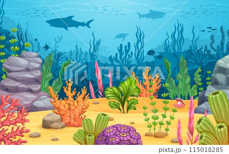 Algae seaweeds on underwater bottom game landscape. Vibrant cartoon level background with colorful coral reefs, fish silhouettes and tropical sea plants. Ocean seafloor with mesmerizing marine life 115018285