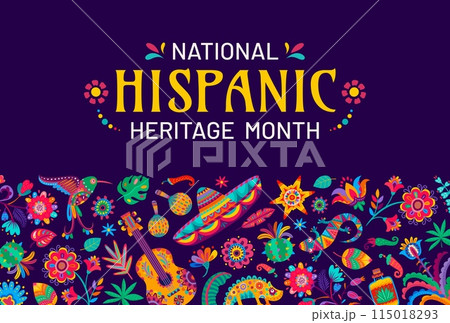 National Hispanic heritage month festival banner with tropical flowers, guitar and sombrero, vector ornament pattern. Latin American culture and Hispanic heritage month holiday of tradition and art 115018293