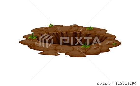 Ground hole, deep dirty pit and burrow. Natural gap surrounded by grass, cracks and stones. Wild animal den or a result of soil erosion. Isolated cartoon vector quarry, fractured land, break or split Ground hole, deep dirty pit and burrow. Natural gap surrounded by grass, cracks and stones. Wild animal den or a result of soil erosion. Isolated cartoon vector quarry, fractured land, break or split 115018294