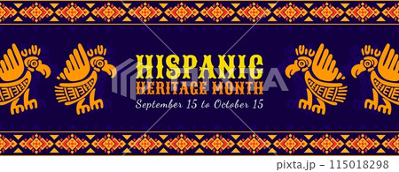 Aztec eagle bird totems ornament, national Hispanic heritage month banner. Mexican and Spanish national holiday or Latin America culture celebration or festival vector background with ethnic ornaments Aztec eagle bird totems ornament, national Hispanic heritage month banner. Mexican and Spanish national holiday or Latin America culture celebration or festival vector background with ethnic ornaments 115018298