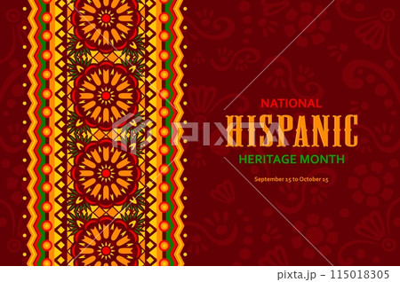 National Hispanic heritage month festival banner with ethnic ornament pattern, vector background. Latin America holiday of Hispanic Americans tradition and culture heritage of handicraft and folk art 115018305