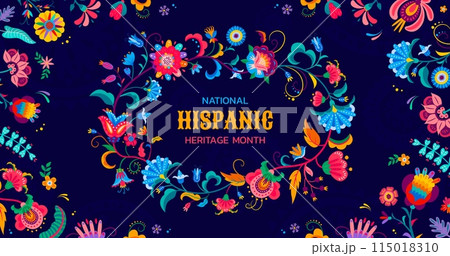 National Hispanic heritage month banner with flowers frame, Latin America holiday vector background. Hispanic Americans culture, tradition and art festival frame with ethnic tropical floral ornament 115018310