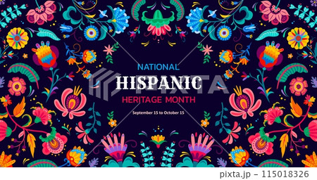 Tropical flowers ornament, national Hispanic heritage month vector banner with ethnic pattern. Hispanic Americans and Latin culture holiday or festival of tradition with colorful floral art ornament 115018326