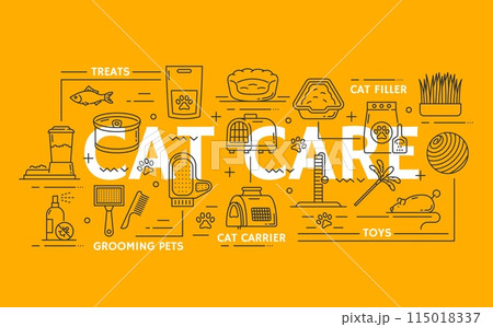 Cat pet care icons. Linear vector signs set depicts treats, toilet fillers, grooming items, carriers and toys for kittens. Outline feline care, food, bed, veterinarian or zoo objects, combs and grass Cat pet care icons. Linear vector signs set depicts treats, toilet fillers, grooming items, carriers and toys for kittens. Outline feline care, food, bed, veterinarian or zoo objects, combs and grass 115018337