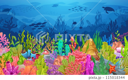 Algae seaweeds underwater landscape. Vector aquatic scene with diverse colorful coral types, fish shoals and lush aquatic plants, showcasing marine fauna, ocean conservation, ecology or game level Algae seaweeds underwater landscape. Vector aquatic scene with diverse colorful coral types, fish shoals and lush aquatic plants, showcasing marine fauna, ocean conservation, ecology or game level 115018344