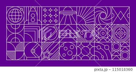 Galaxy space modern geometric pattern. Vector linear grid or mosaic with cosmic themed icons or blocks such as planets, stars and rockets, ufo saucer or galaxy, Moon and saturn on purple background 115018360
