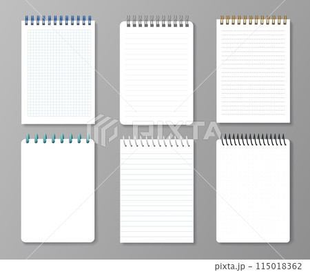 Realistic diary notebooks. Vector set of blank 3d paper notepads with varying page layouts, including grid, lined, and blank pages with wire binding, Office writing stationery templates for notetaking 115018362