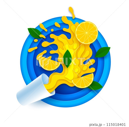 Paper cut orange or lemon juice splash. 3d vector vibrant papercut of dynamic splash with sliced citrus fruit and green leaves on a blue round layered frame, exudes freshness, health, and summer vibes 115018401