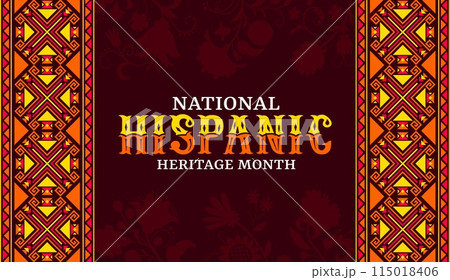 Orange and red ethic ornament on national Hispanic heritage month banner. Hispanic heritage month festival background, Latin America culture carnival vector flyer or banner with geometric ornaments Orange and red ethic ornament on national Hispanic heritage month banner. Hispanic heritage month festival background, Latin America culture carnival vector flyer or banner with geometric ornaments 115018406