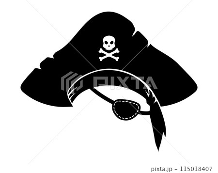 Pirate captain or sailor photo booth mask with tricorn hat and eye patch. Privateer cocked hat, filibuster classic costume or caribbean buccaneer sailor or pirate headwear vector photo booth mask Pirate captain or sailor photo booth mask with tricorn hat and eye patch. Privateer cocked hat, filibuster classic costume or caribbean buccaneer sailor or pirate headwear vector photo booth mask 115018407