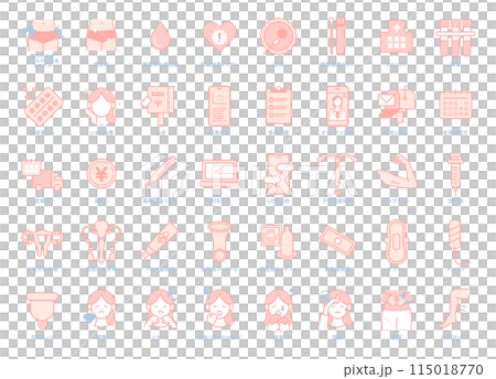 生理やPMS、ピル処方や避妊、オンライン診療関連するアイコンイラストのセット 115018770