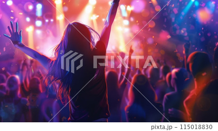 Back view of a woman enjoying a concert with confetti and vibrant lights in the background. Celebratory atmosphere at a live music event. 115018830
