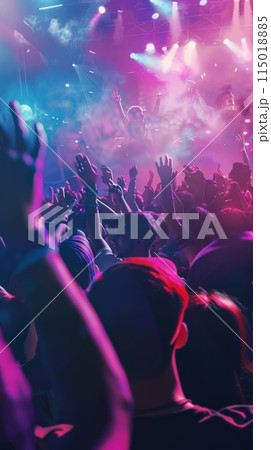 Enthusiastic concertgoers with raised hands, colorful stage lights. Festive and lively music festival. 115018885