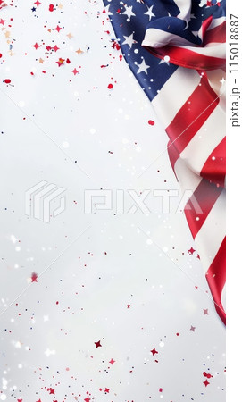 American flag with confetti on white background. Festive celebration theme. 115018887