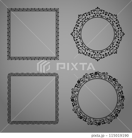 Set of decorative frames Elegant vector element for design in Eastern style, place for text. Floral black and gray borders. Lace illustration for invitations and greeting cards. 115019190