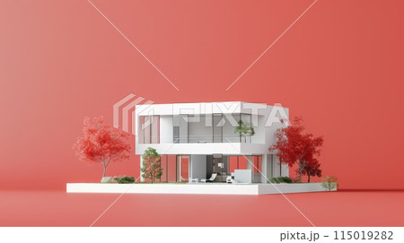 Modern white house against a vibrant red background with minimal landscaping. Contemporary architecture and design, ideal for real estate, property market, and home buying themes. 115019282